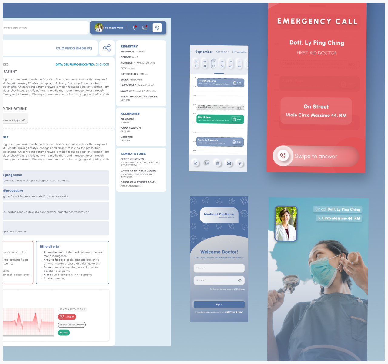 Schermate di Medical Assistance*: scheda del paziente, calendario degli appuntamenti, chiamata di emergenza e accesso dei medici