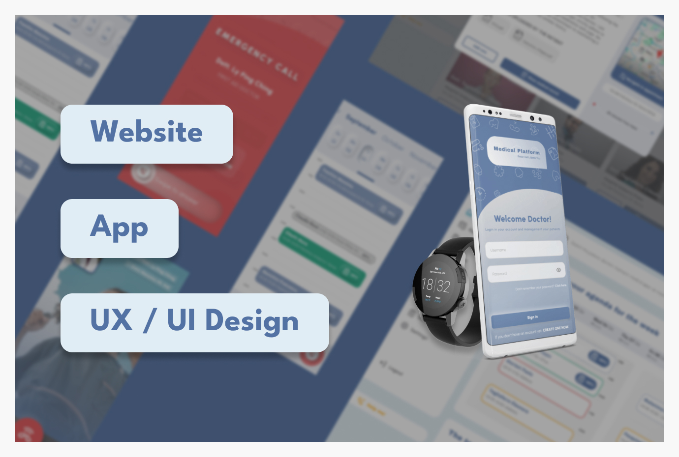 Anteprima di Medical Assistance*: sito, app e smartwatch, con le etichette Website, App e UX/UI Design