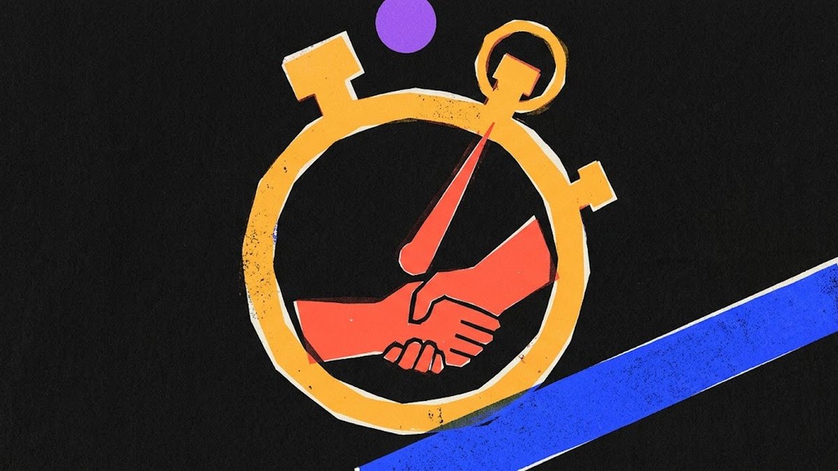 Illustrazione risograph: un cronometro con dentro una stretta di mano