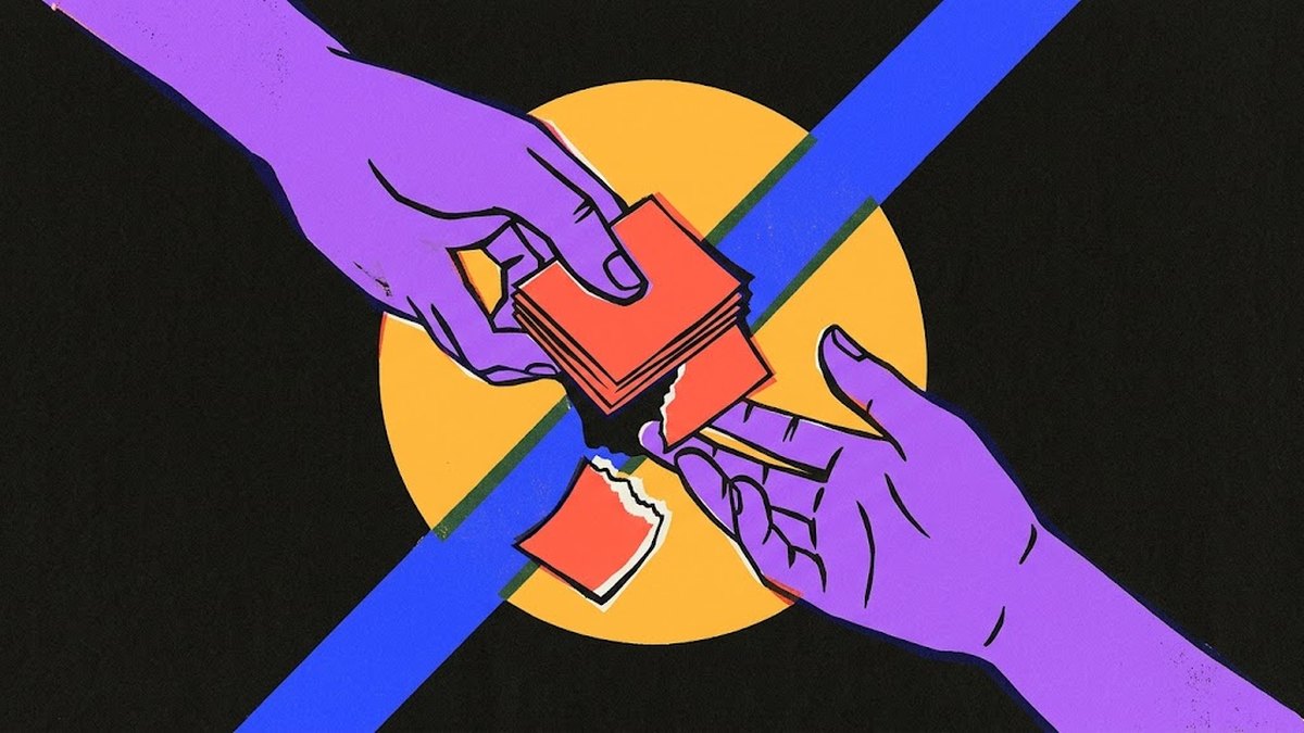 Illustrazione risograph: due mani che si passano dei foglietti