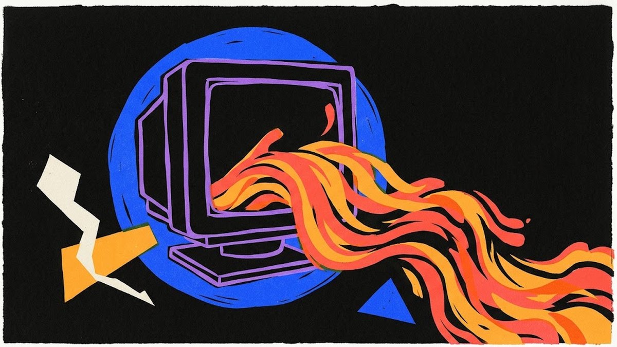 Illustrazione risograph: un vecchio monitor da cui escono fiamme arancioni