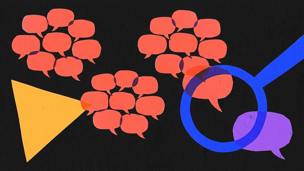 Illustrazione risograph: nuvolette di dialogo raggruppate e una lente
