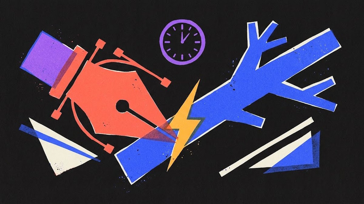 Illustrazione risograph: un pennino e un ramo collegati da un fulmine