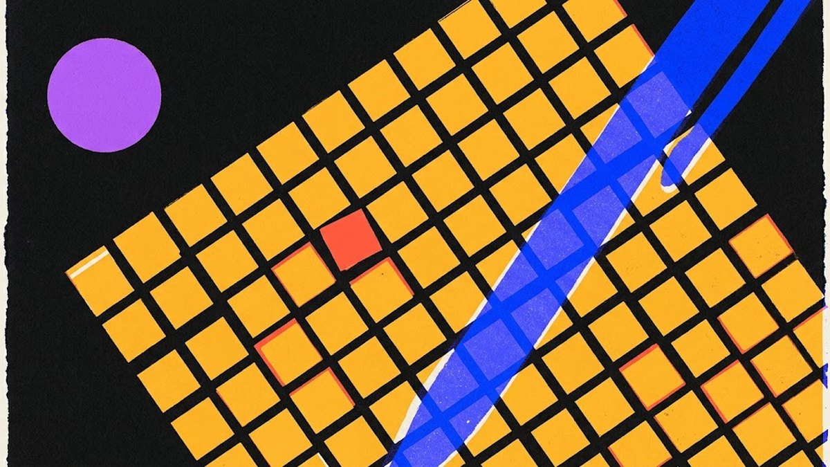 Illustrazione risograph: una griglia gialla con un quadrato fuori posto