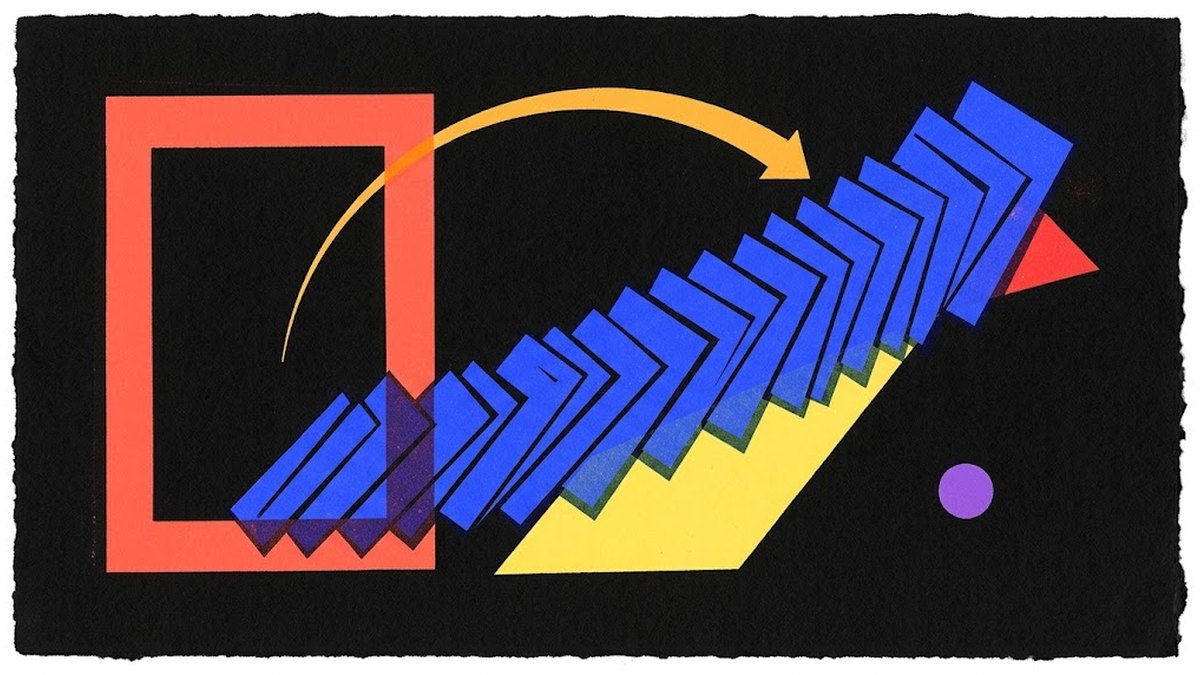 Illustrazione risograph: un riquadro rosso da cui parte una fila di tessere blu