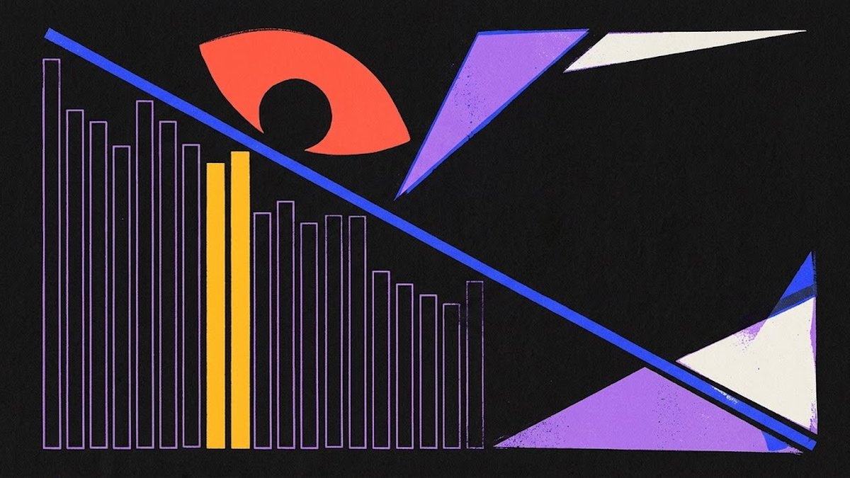 Illustrazione risograph: un occhio sopra un grafico a barre tagliato da una linea