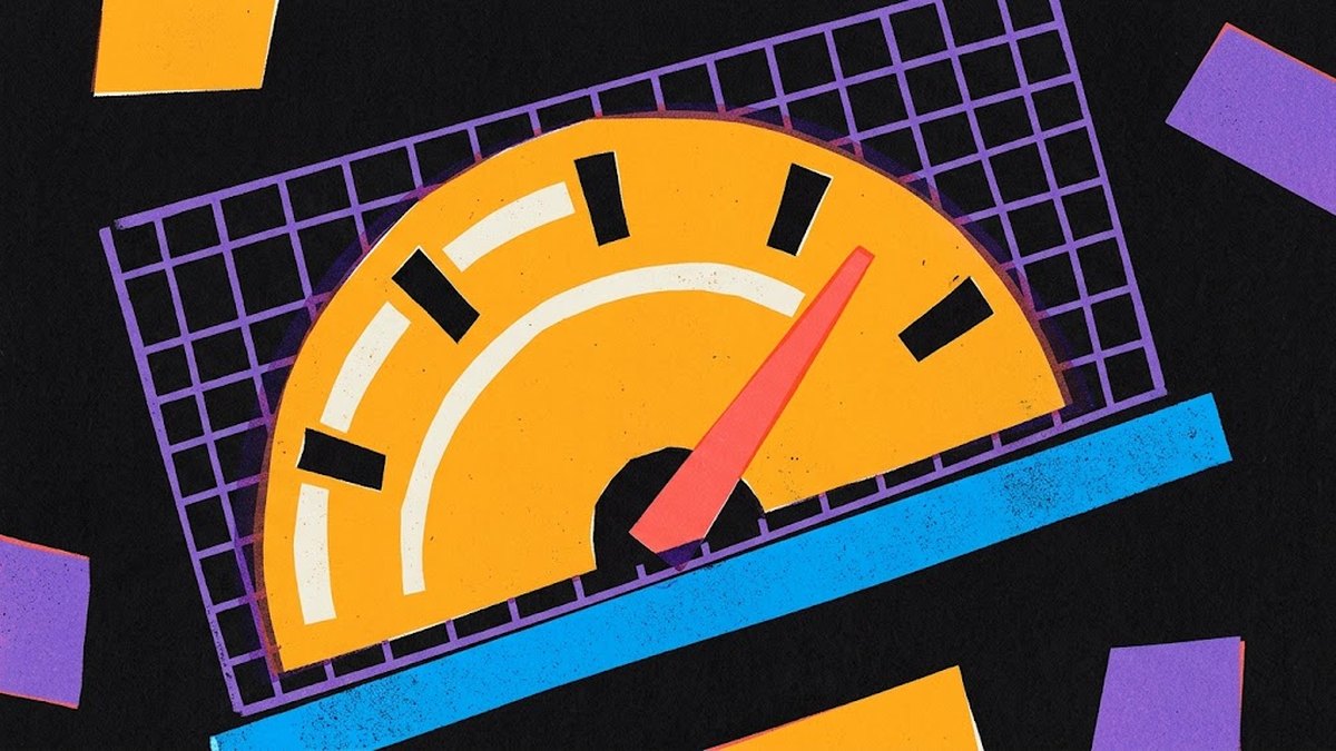 Illustrazione risograph: un indicatore a lancetta sopra una griglia