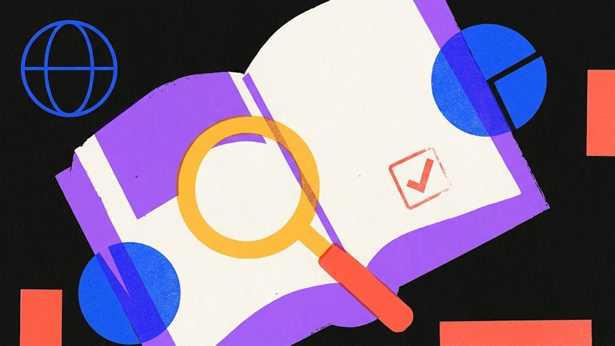 Illustrazione risograph: un libro aperto con una lente e una spunta