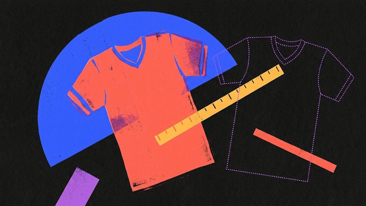 Illustrazione risograph: una maglia arancione misurata con un righello