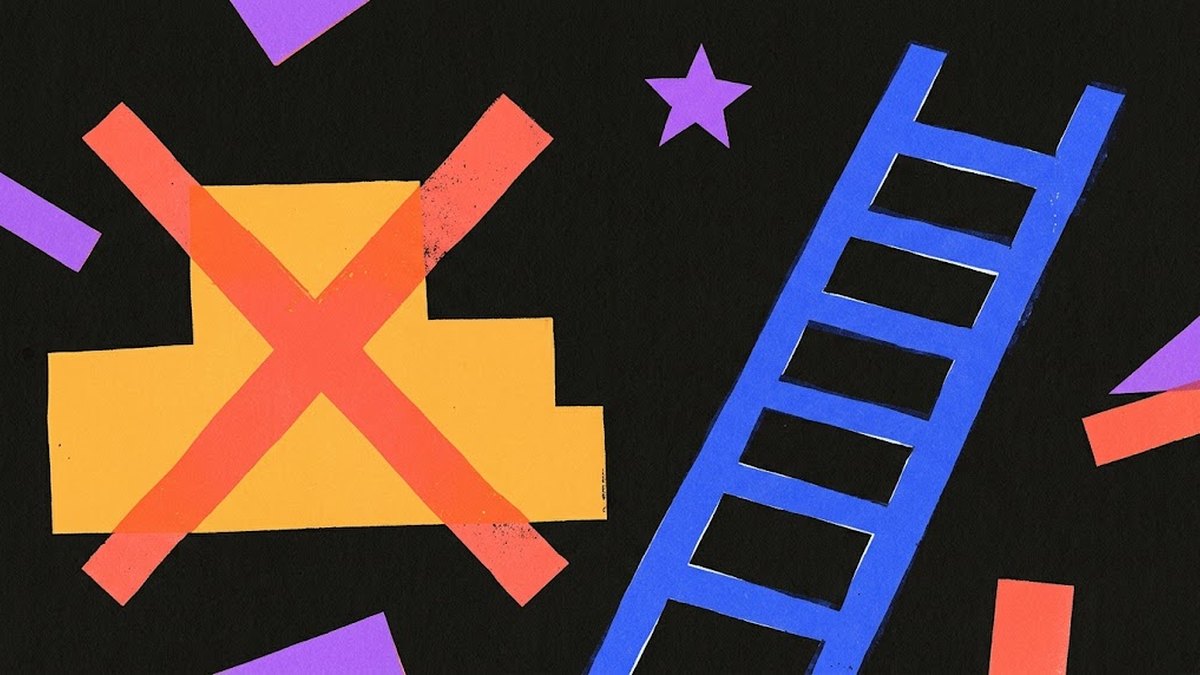 Illustrazione risograph: una grande X rossa accanto a una scala blu