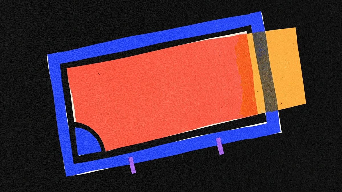 Illustrazione risograph: un telaio blu che misura un blocco rosso
